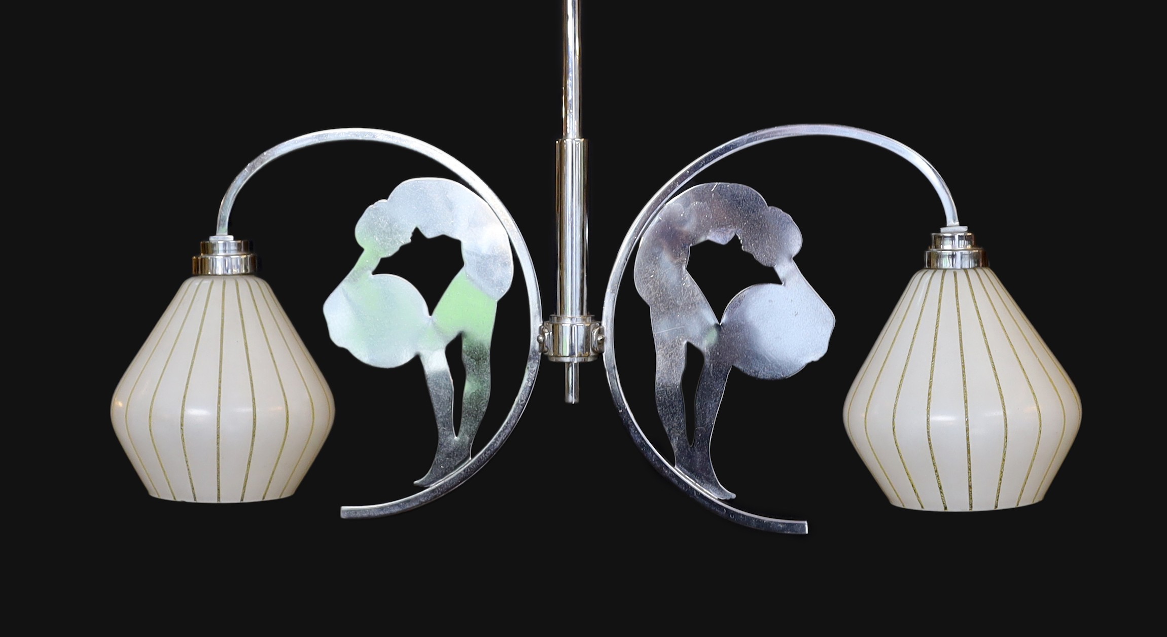 An 1950s English nickel plated twin branch light fitting with opaque glass shades, height 35cm. width 60cm